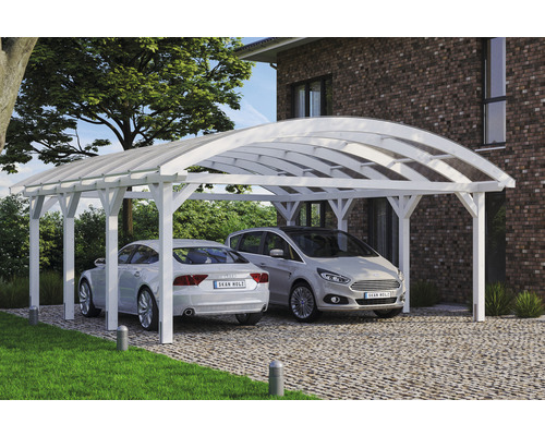 Doppelcarport aus Holz mit zwei Autos