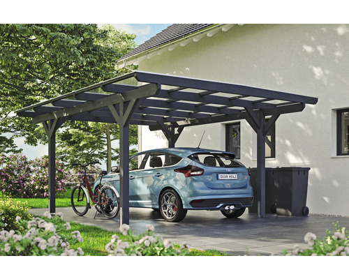 Carport aus Holz mit Auto und Fahrrad