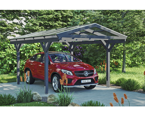 Auto unter Carport mit transparentem Dach und Holzpfosten