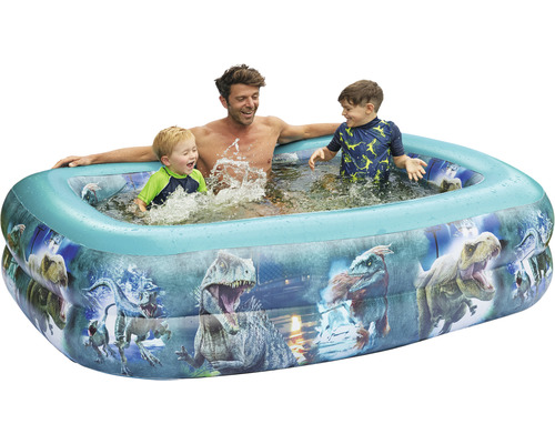 Aufblasbares Planschbecken mit Dinosaurier Motiven und spielenden Personen