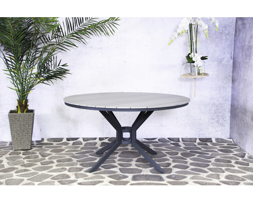 Runder Gartentisch mit Metallgestell und Tischplatte mit Lattenmuster