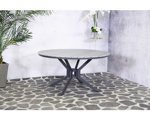 Runder Gartentisch mit grauem Gestell und Tischplatte