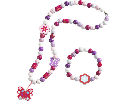 Halskette und Armband aus Holzperlen mit Blumen- und Schmetterlingsmotiven