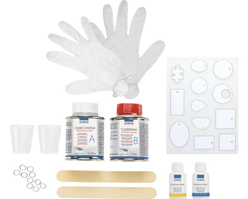 Glorex Resin Schmuckset mit Gießharz, Härter, Formen, Farben, Bechern, Holzstäbchen, Handschuhen und Ösen