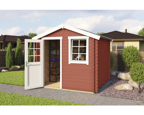 Gartenhaus Outdoor Life Wels 2 inkl. Fußboden 263,7 x 250 cm schwedischrot Holzgartenhaus mit geöffneter Tür und Fenster für die Gartenaufbewahrung