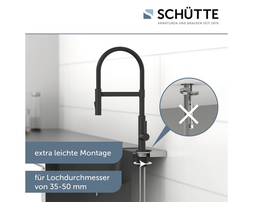 Schwarze Küchenarmatur mit Darstellung der einfachen Montage