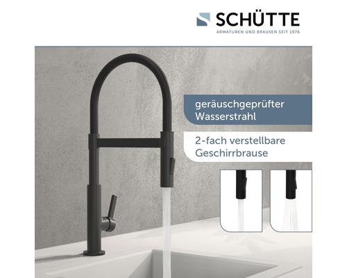 Schwarze Küchenarmatur mit ausziehbarer Geschirrbrause und zwei Strahlarten