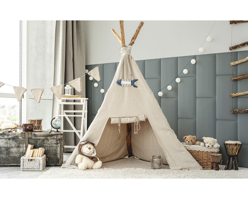 Wandkissen Mono salbeigrün hell Samt-Optik 30 x 60 cm Kinderspielzimmer mit Zelt, Spielzeug und Dekorationen