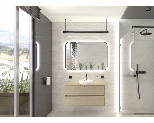 Modernes Badezimmer mit Waschtisch, Spiegel mit Beleuchtung und begehbarer Dusche