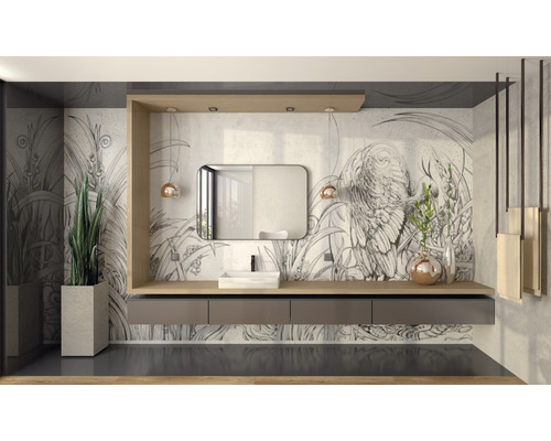 Helles Badezimmer mit Waschtisch, Spiegel, Pflanzen und dekorativer Wandgestaltung für ein modernes Ambiente