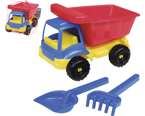 Spielzeug Baufahrzeug Muldenkipper mit Schaufel und Rechen
