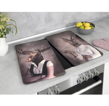 Zwei Herdabdeckplatten mit Tiermotiven auf einem Herd