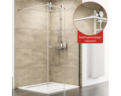 Freistehende Duschkabine mit Duschwanne und Stabilisationsbügel