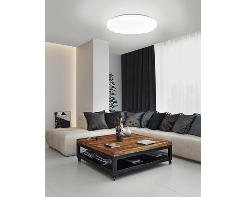 Helle Wohnzimmeransicht mit runder Deckenleuchte, Couch und Holztisch