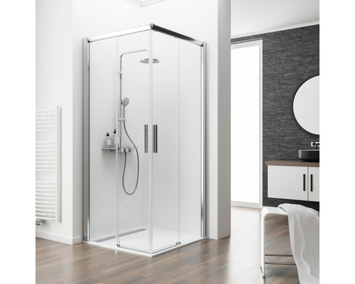 Eckeinstieg Schulte Kristall/Trend 1000x1000x2000 mm Echtglas Klar hell chrom Duschkabine mit Duscharmatur im Badezimmer