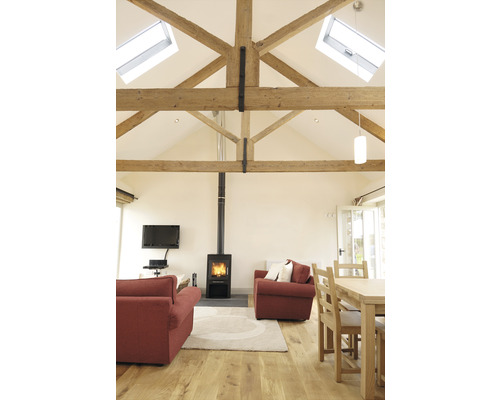 Innenraum mit Holzbalkendecke, Kaminofen und Sitzmöbeln