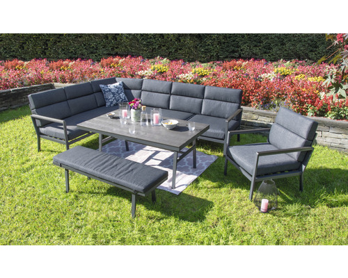 Loungeset Gartenmöbelset 9 -Sitzer bestehend aus: Dreisitzer-Sofa, Dreisitzer-Sofa, Tisch, Bank, Sessel, inkl. Auflagen Aluminium Gartensitzgruppe mit Ecksofa, Tisch, Bank und Sessel auf Rasen