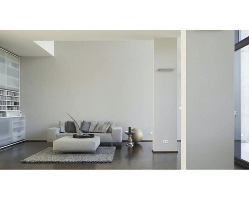 Helles Wohnzimmer mit Sofa, Teppich und Regalen