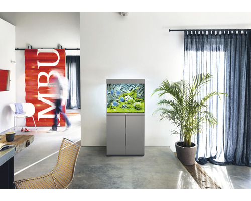 Modernes Wohnzimmer mit Aquarium, Pflanze und Vorhängen