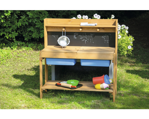 Spielküche aus Holz mit Kreidetafel, Becken und Ablagefläche für den Außenbereich.