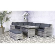 Gartensitzgruppe mit Rattansofa, Tisch mit Glasplatte und Hocker