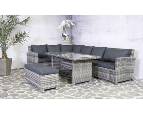 Gartensitzgruppe mit Rattansofa, Tisch mit Glasplatte und Hocker