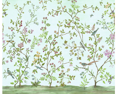 Tapete mit Vogel-, Blüten- und Beerenmuster