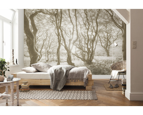 Blick in ein Schlafzimmer mit Fototapete, Bett und Stuhl