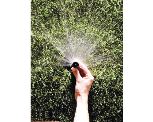Eine Hand hält einen Rasensprenger, der Wasser sprüht.