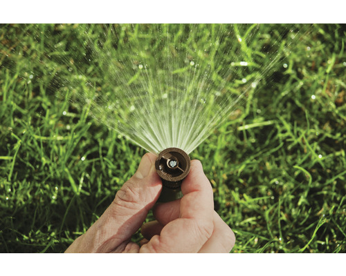 Eine Hand hält einen Rasensprenger, der Wasser versprüht.