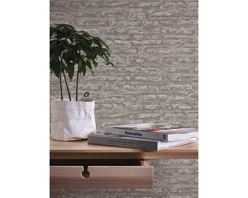 Raum mit Tapete in Steinoptik, Tisch, Pflanze und Büchern
