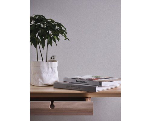 Dekorative Zimmerpflanze in Papierhülle auf einem Tisch mit Schublade und Büchern