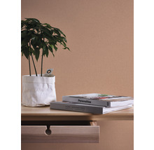 Dekorative Zimmerpflanze in weißem Papierkorb auf einem Tisch mit Dekorationsbüchern.