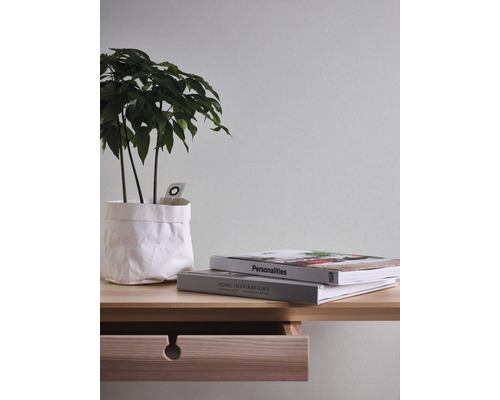 Dekoratives Arrangement mit Pflanze im Papierbeutel, zwei Büchern und einem Tisch mit Schublade.