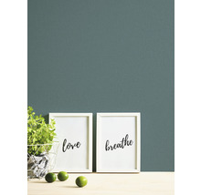 Wandgestaltung mit grüner Farbe, zwei Bildern mit den Aufschriften Liebe und Atmen, einer Pflanze und Limetten