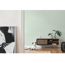 Wohnzimmer mit Sideboard, Dekoration, Zimmerpflanzen und einem Hund auf einem Teppich