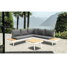 Gartenlounge-Set mit Ecksofa, Tisch und grauen Kissen vor Bergkulisse