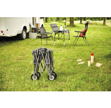 Zusammengeklappter Bollerwagen auf einer Wiese, Campingmöbel und Wohnwagen im Hintergrund.