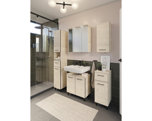 Badezimmer mit Waschtischunterschrank, Spiegelschrank, Hochschrank, Hängeschrank und Dusche