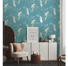 Vliestapete 38906-2 House of Turnowsky Pfau Blumen türkis gelb-thumb-2