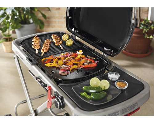Grill mit Grillgut wie Gemüse und Fleischspießen