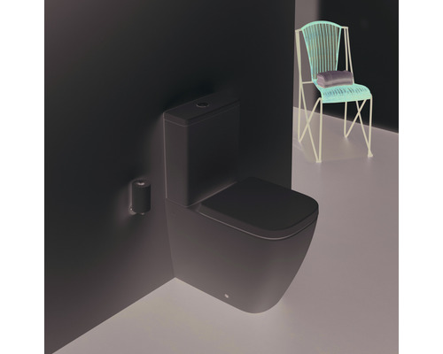 Toilette mit Spülkasten, Toilettenpapierhalter und Stuhl im Badezimmer