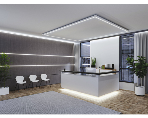 Heller Empfangsbereich mit Rezeptionstresen, Stühlen, Beleuchtung und Pflanzen