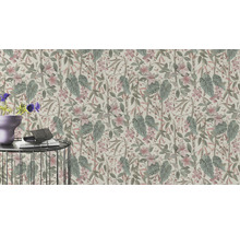 Nahaufnahme einer floralen Tapete mit Blättern und Blüten