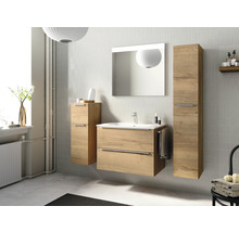 Badmöbel-Set NOBILIA Programm 1 BxHxT 160 x 169,1 x 48,7 cm Frontfarbe eiche natur mit Möbel-Waschtisch weiß und Spiegel mit LED-Beleuchtung Midischrank Unterschrank Griffleiste chrom matt 070
