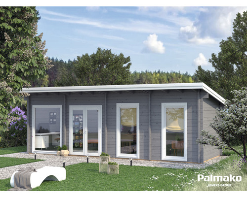 Graues Gartenhaus aus Holz mit Fenstern und Doppeltür im Garten.