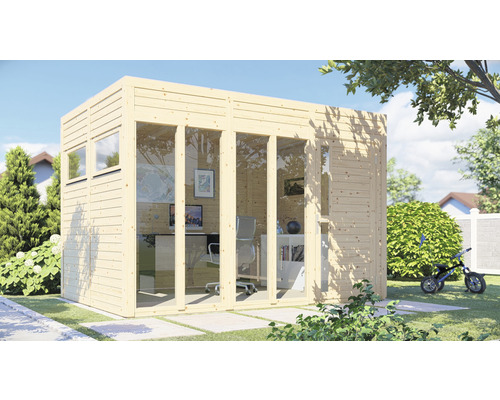 Gartenhaus Bertilo Cubo 3 Office inkl. Fußboden 336 x 240 cm natur Holzgartenhaus mit Fenstern und Tür im Garten.