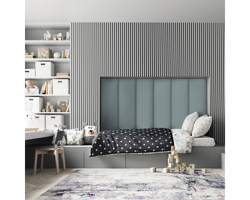 Wandkissen Print rauchblau Gewebte-Optik 30 x 90 cm Kinderzimmer mit Bett, Bücherregal und Teppich