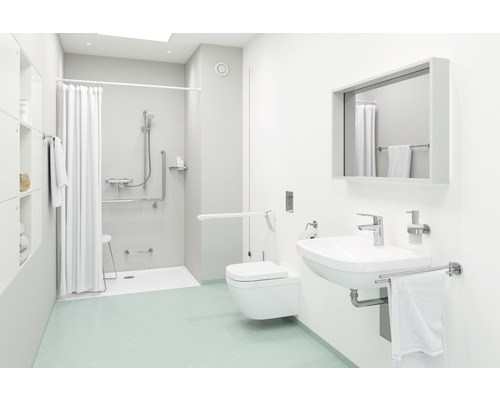 Barrierefreies Badezimmer mit Dusche, Toilette, Waschbecken und Haltegriffen