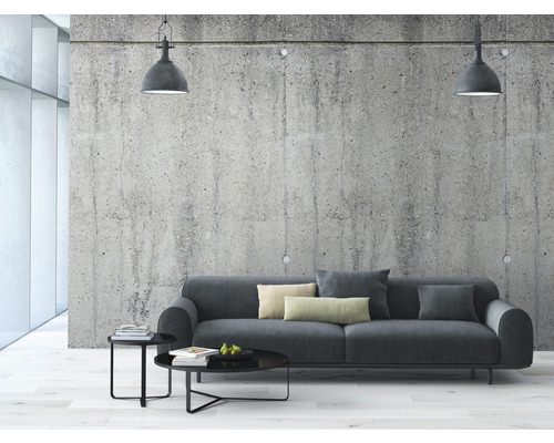 Wohnzimmer mit grauem Sofa, Couchtisch und Pendelleuchten vor einer Betonwand.